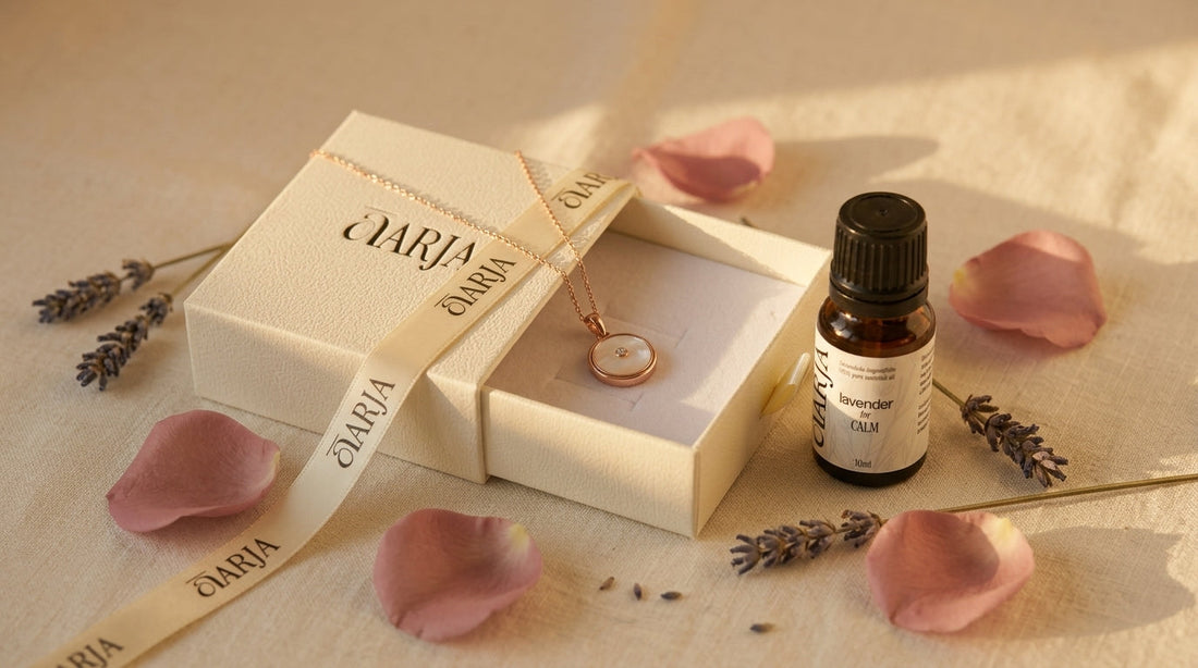 ĀARJA aromatherapy jewelry gift — rose gold mother of pearl necklace, Calm lavender essential oil and cream AARJA gift box with rose petals and lavender
