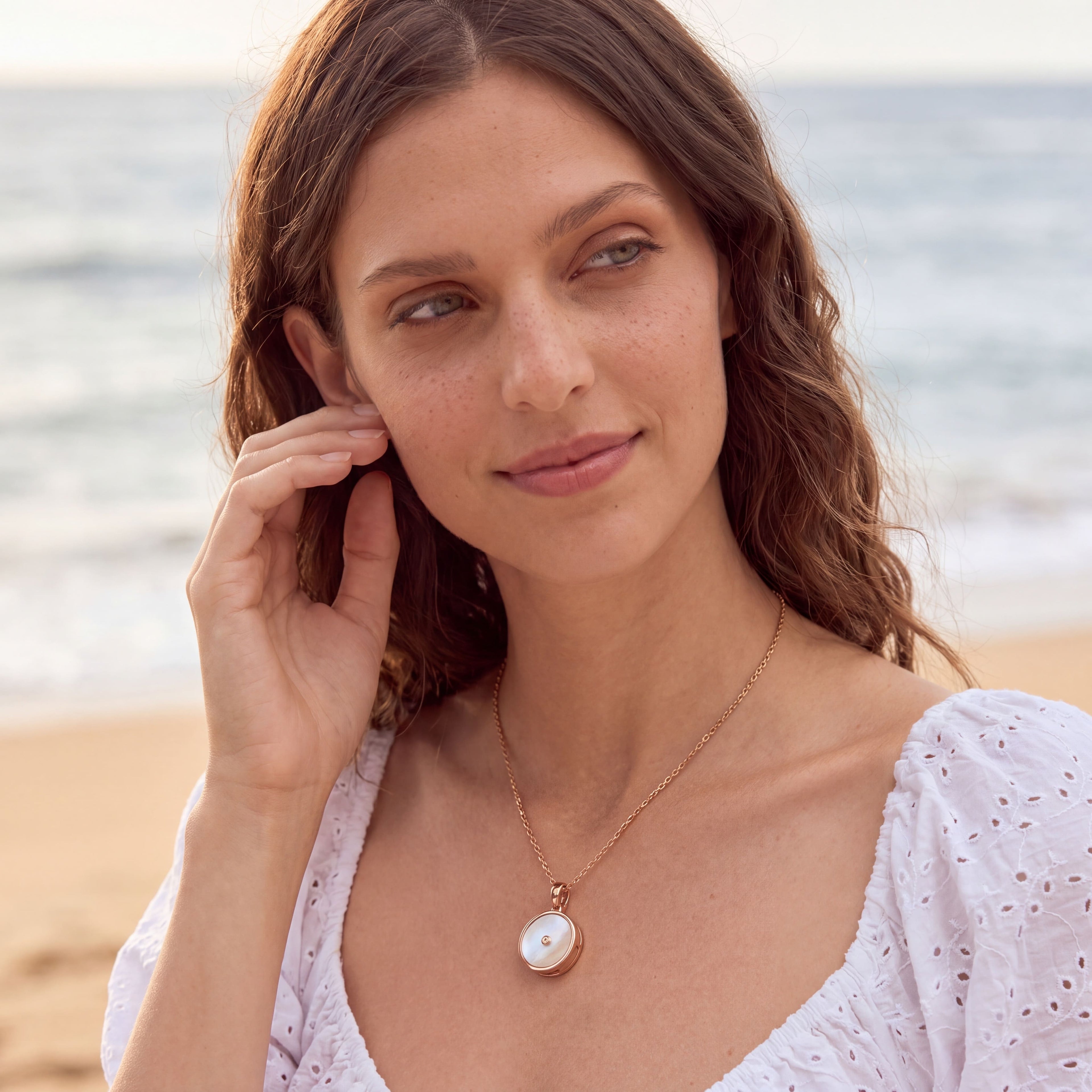 Model wearing Mother of Pearl Necklace