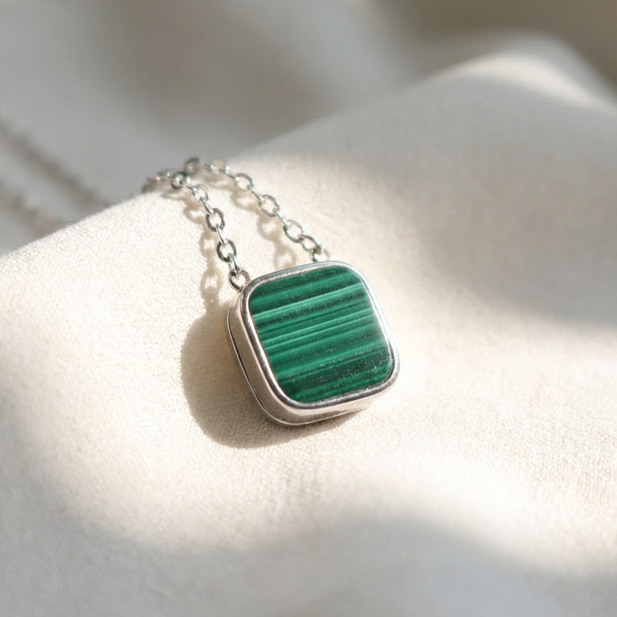 Silver Necklace with Green Malachite Square Pendant