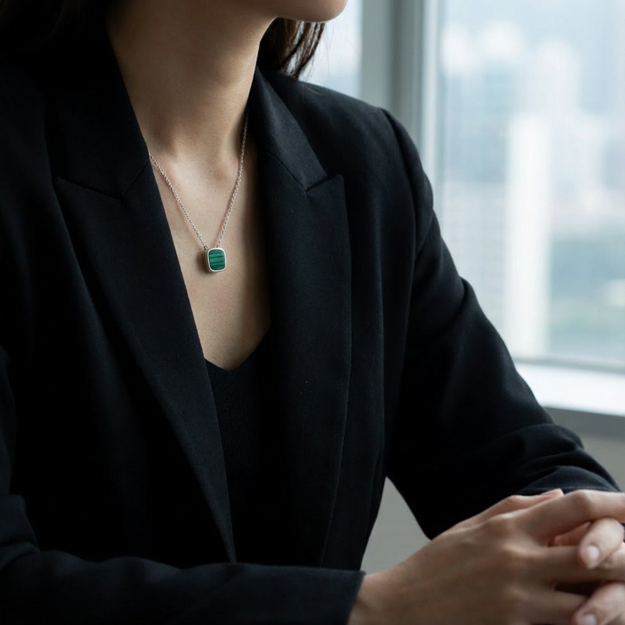 Girl wearing formal black suit, silver necklace with Green malachite square pendant