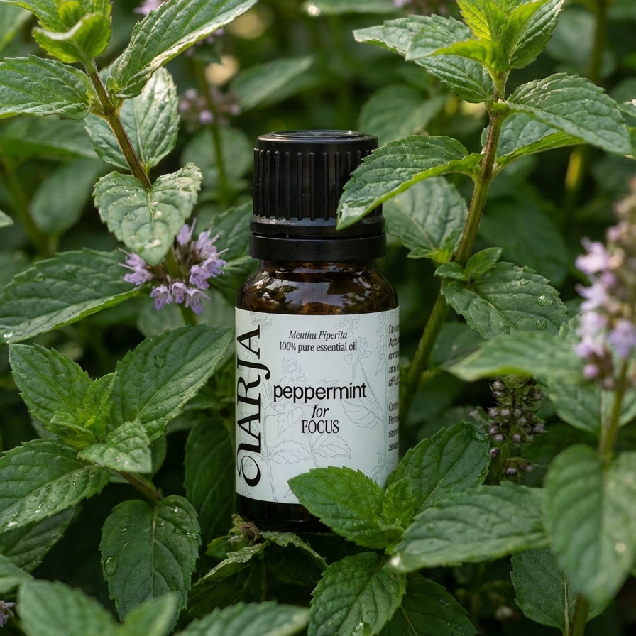 Bottle of peppermint essential oil surrounded by peppermint plants