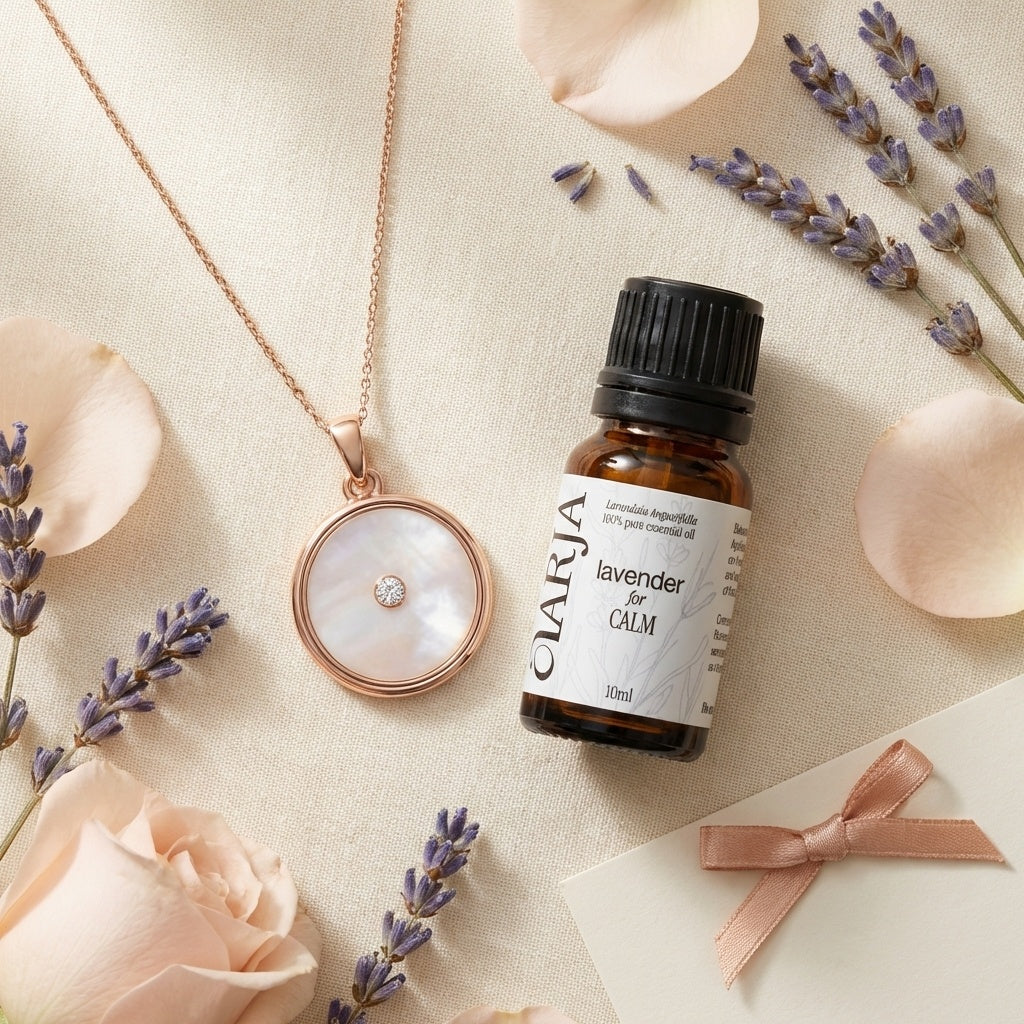 White Mother of Pearl diffuser necklace with Calm lavender essential oil